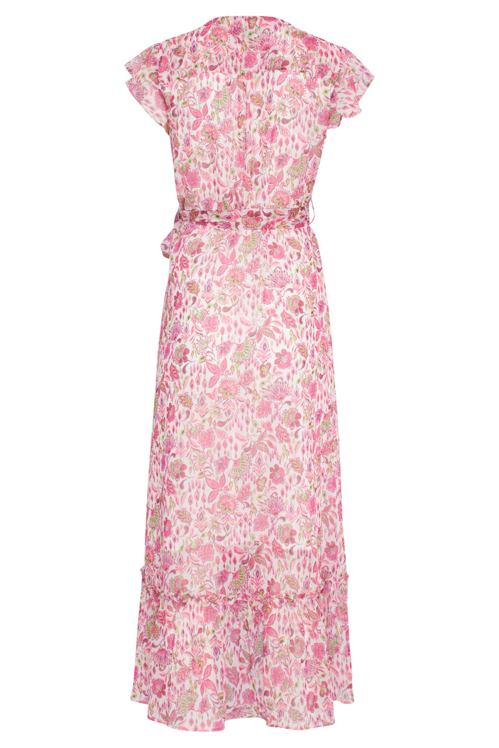 24307 Wikkelstijl Maxi Jurk Van Chiffon Met Fuchsialime Bloemenprint | White - Muticolour