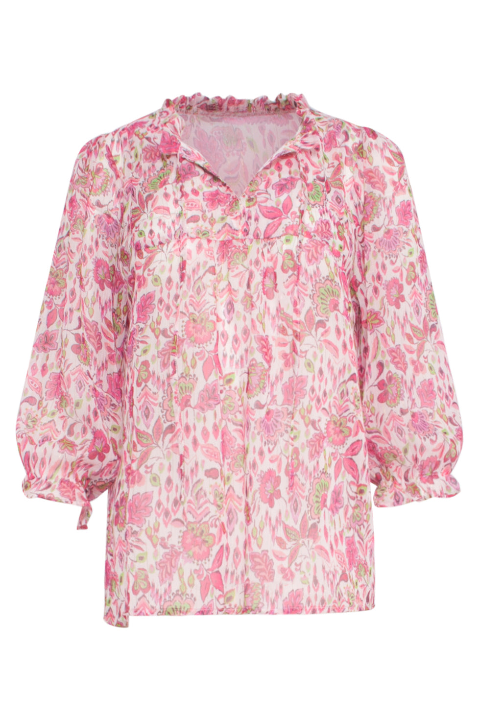 24309 Chiffon Top Met Fuchsialime Bloemenprint | White-Multicolour