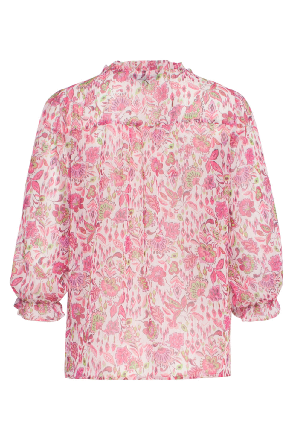 24309 Chiffon Top Met Fuchsialime Bloemenprint | White-Multicolour