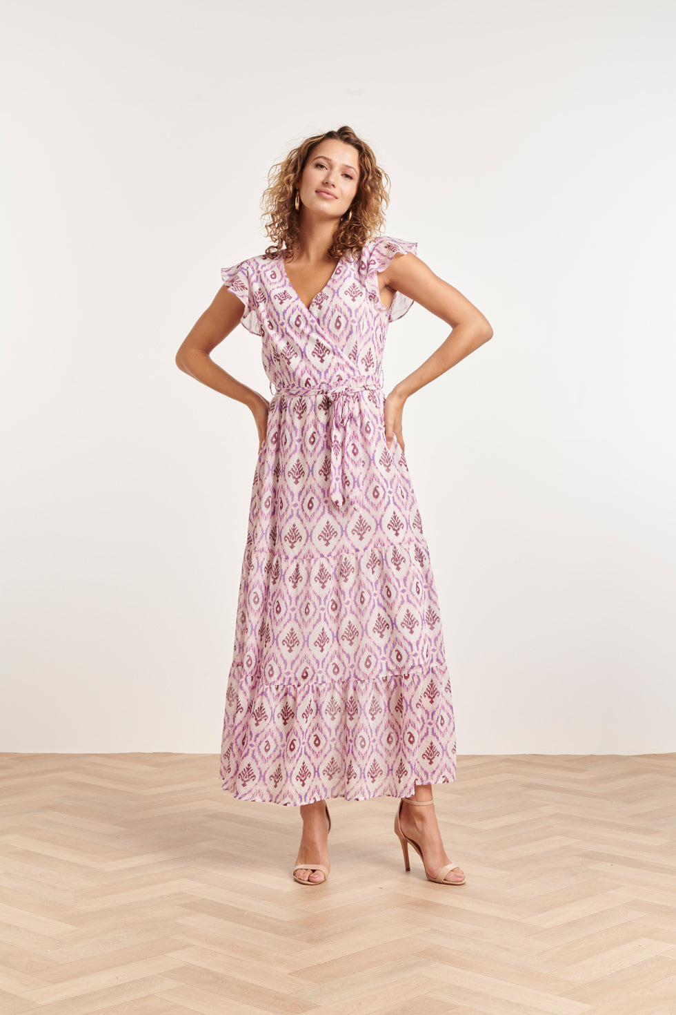 24324 Maxi Wikkelstijl Jurk Met Vrouwelijke Aztekenprint | White-Purple