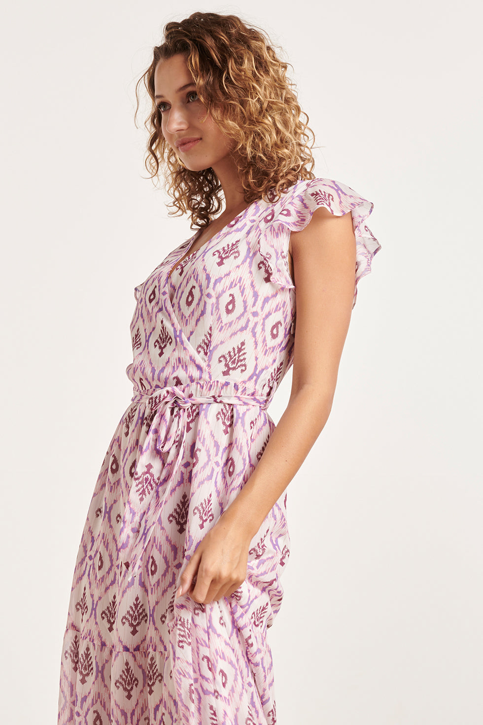 24324 Maxi Wikkelstijl Jurk Met Vrouwelijke Aztekenprint | White-Purple