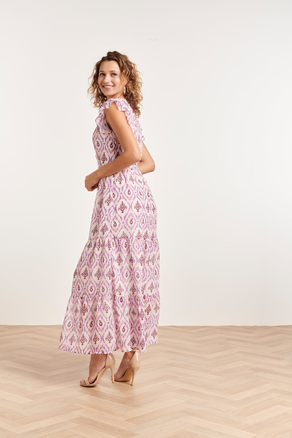 24324 Maxi Wikkelstijl Jurk Met Vrouwelijke Aztekenprint | White-Purple