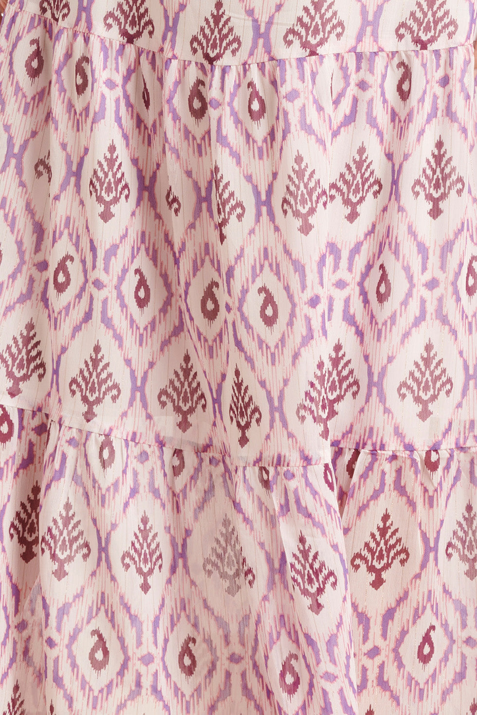 24325 Aztekenprint Top Met Dubbele Volantmouwen | White-Purple