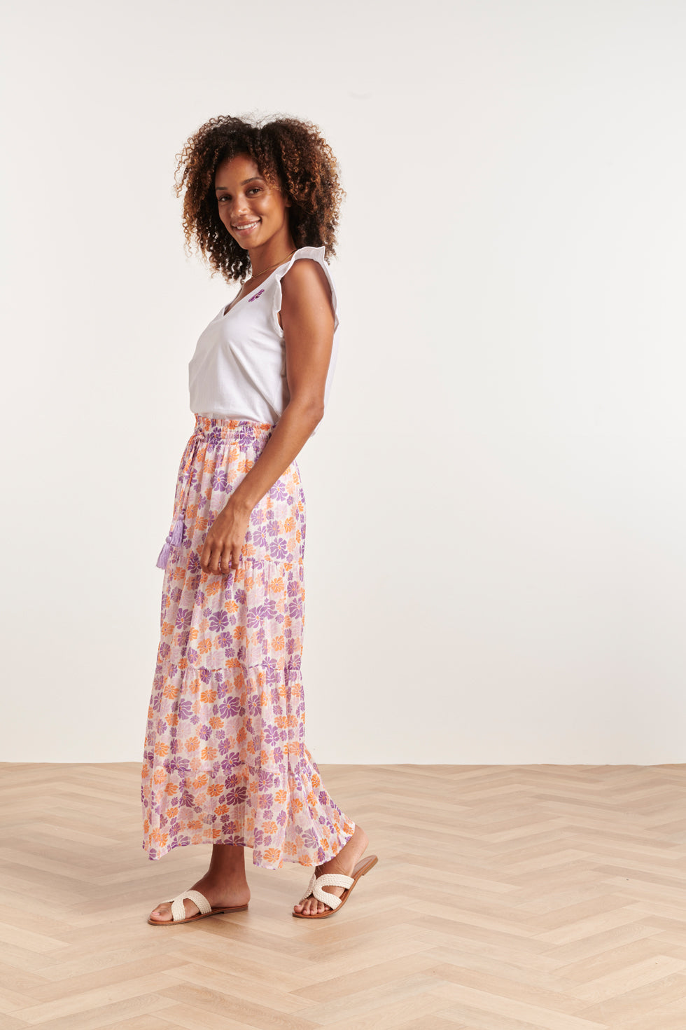 24330 Maxi Rok Met Bloemenprint | White - Muticolour