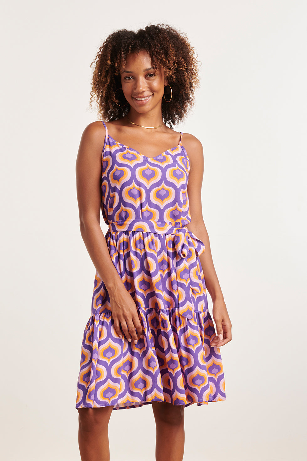 24337 Retro Bedrukte Spaghettiband Jurk | Purple-Multicolour