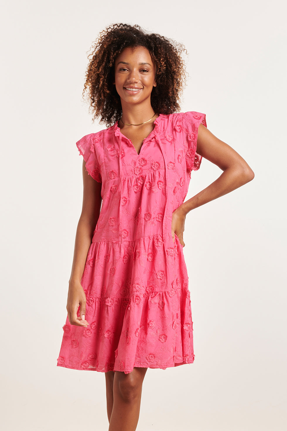 24353 Fuchsia Jurk Met 3D Bloemenstructuur | Pink
