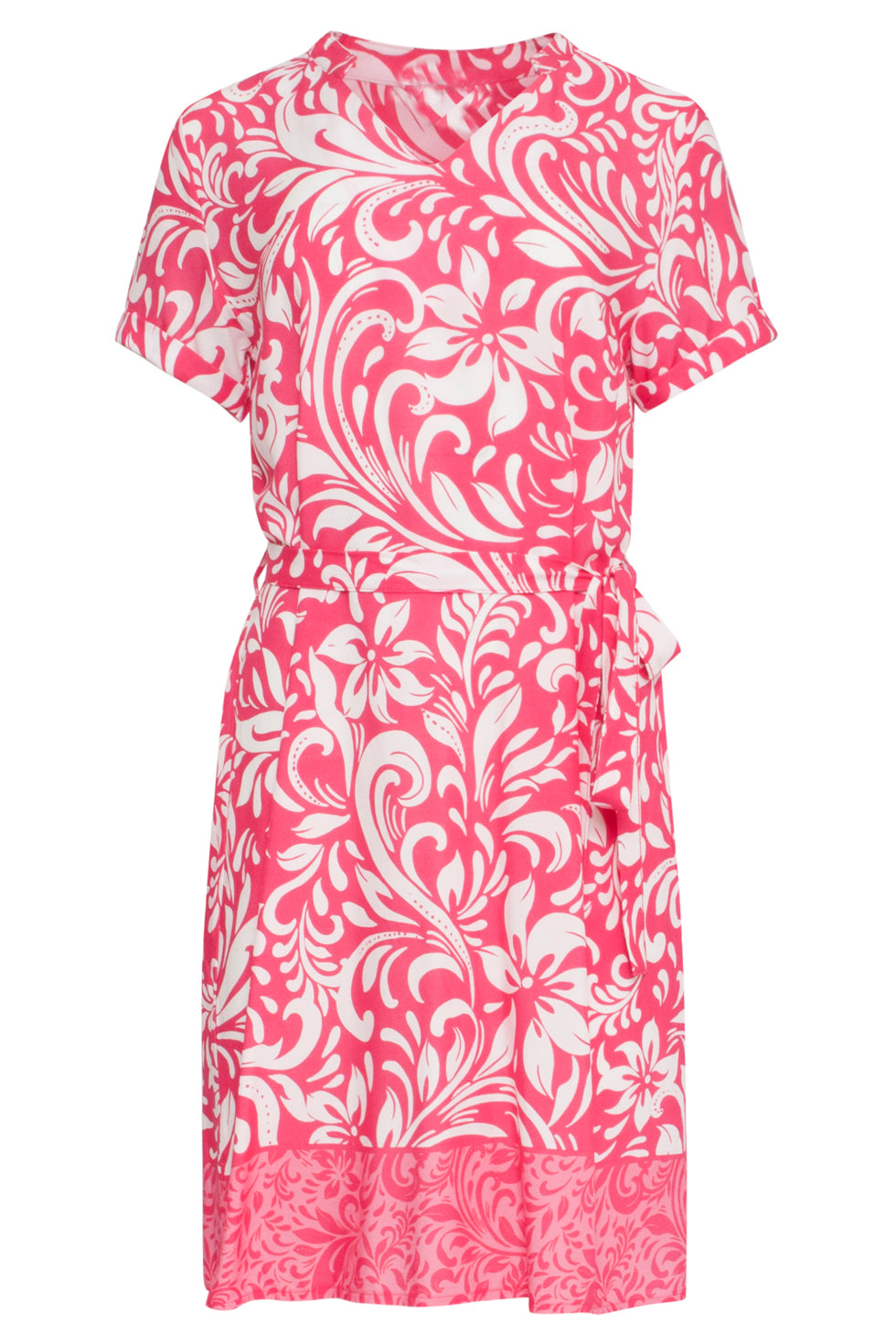 24367 Dames Korte Fuchsia Jurk Met Te Bloemenprint | Pink-White