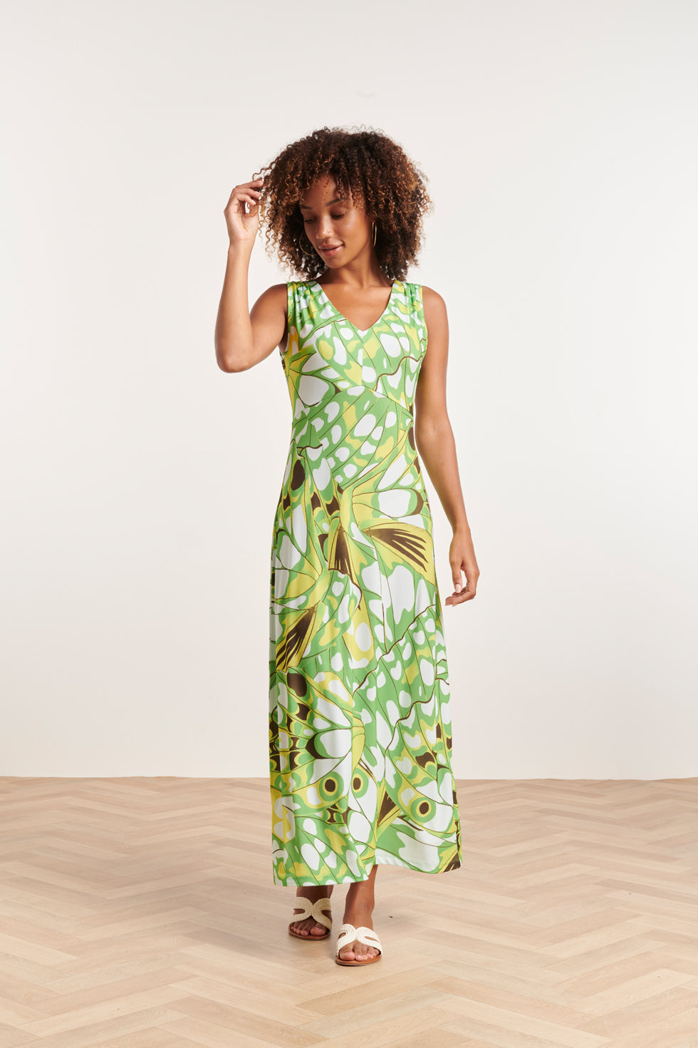24368 Dames Maxi Jurk Met Allover Vlinder Print | Green-Multicolour