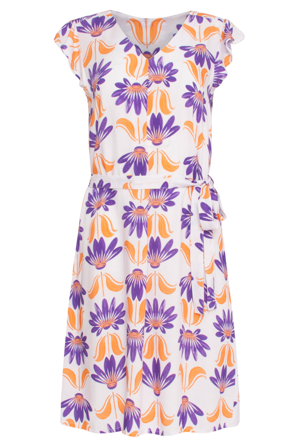 24369 Dames Korte Te Jurk Met Ruchesallover Bloemenprintpaars | Off-White-Multicolour