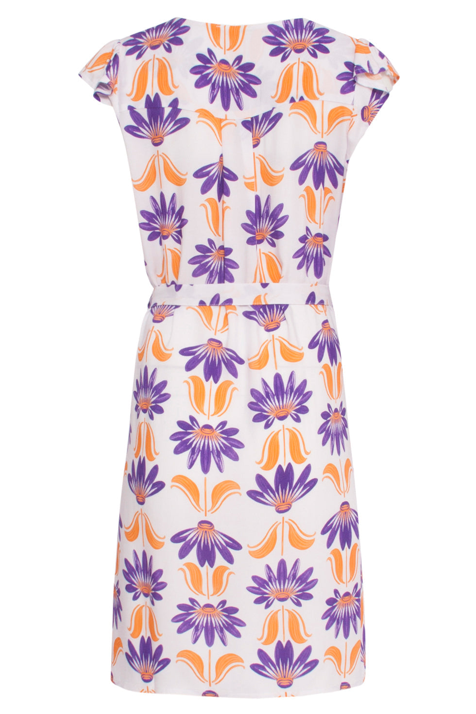 24369 Dames Korte Te Jurk Met Ruchesallover Bloemenprintpaars | Off-White-Multicolour