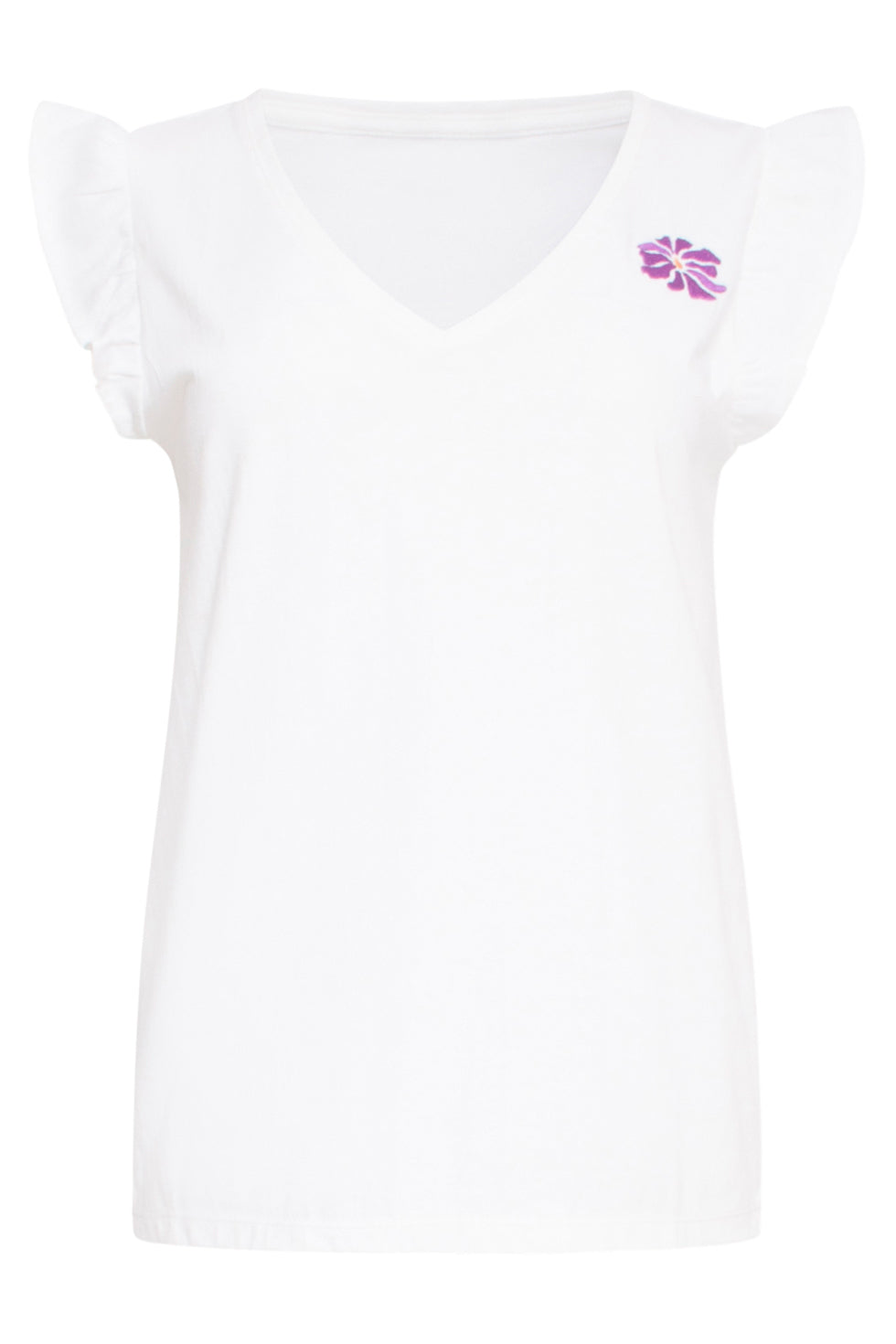 24383 Dames T-Shirt Met Korte MouwenGeborduurde Paarse Bloem | white-multicolour