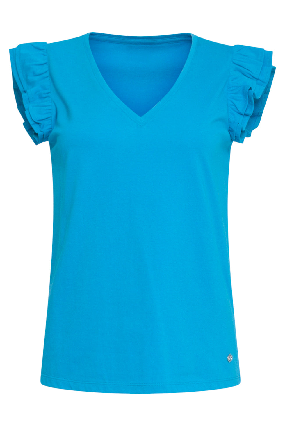 24384 Dames Blauw T-Shirt Met Korte Mouwen En Dubbele Ruches