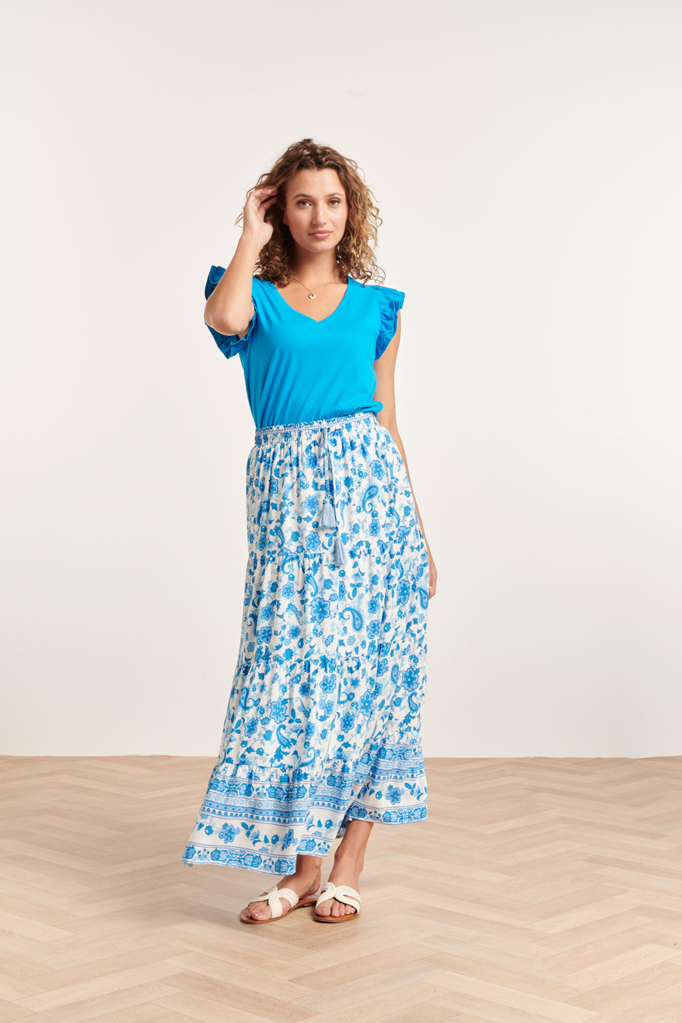 24384 Dames T-Shirt Met Korte Mouwendubbele Ruches | Light Blue