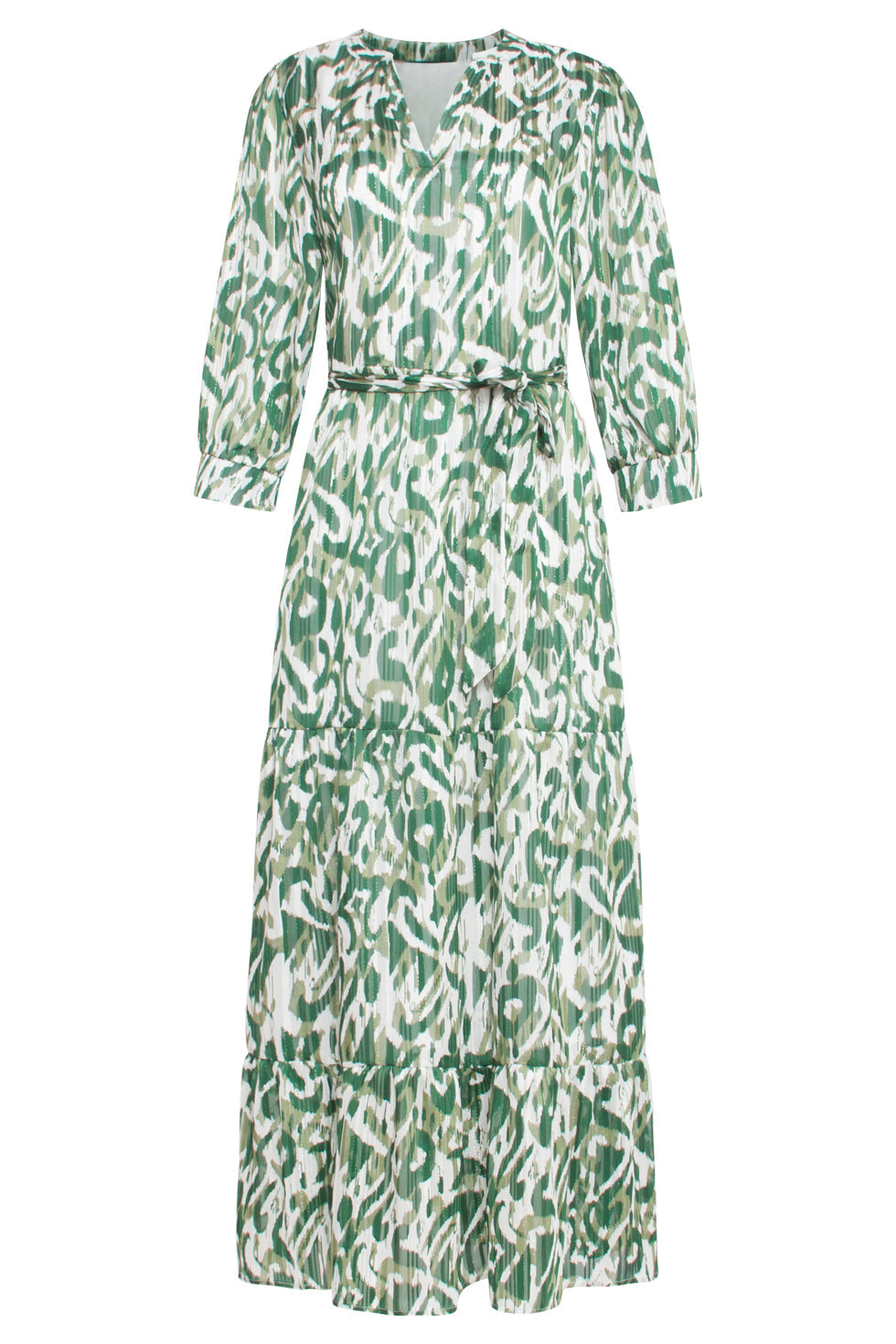 24405 Satijnen Maxi Jurk Met Abstracte Print3/4 Mouwen | White-Green