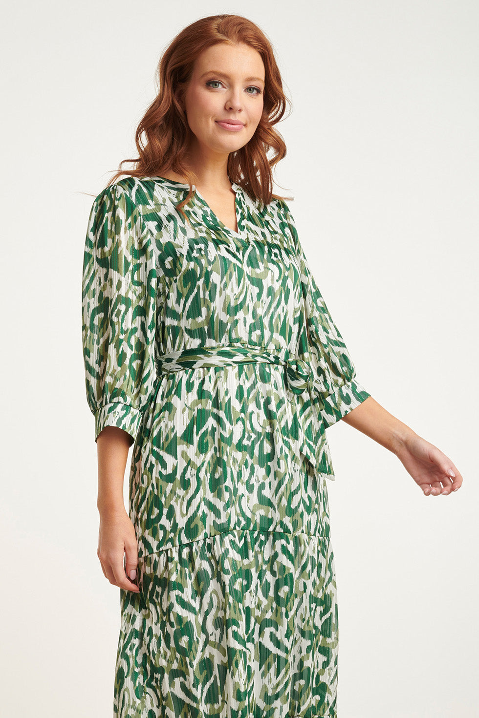 24405 Satijnen Maxi Jurk Met Abstracte Print3/4 Mouwen | White-Green