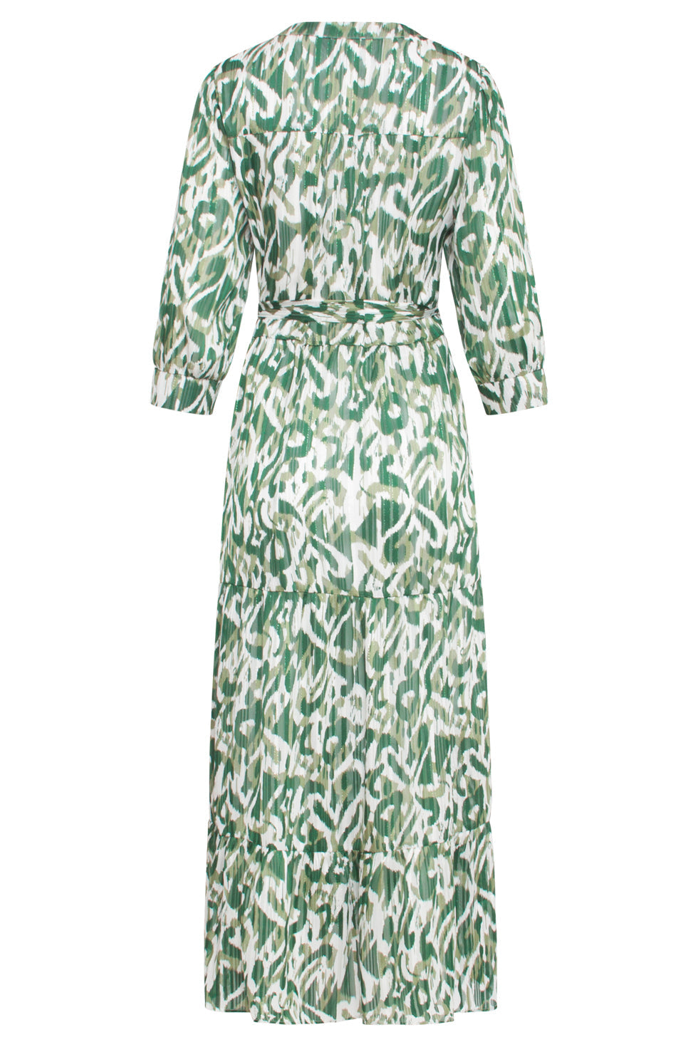 24405 Satijnen Maxi Jurk Met Abstracte Print3/4 Mouwen | White-Green