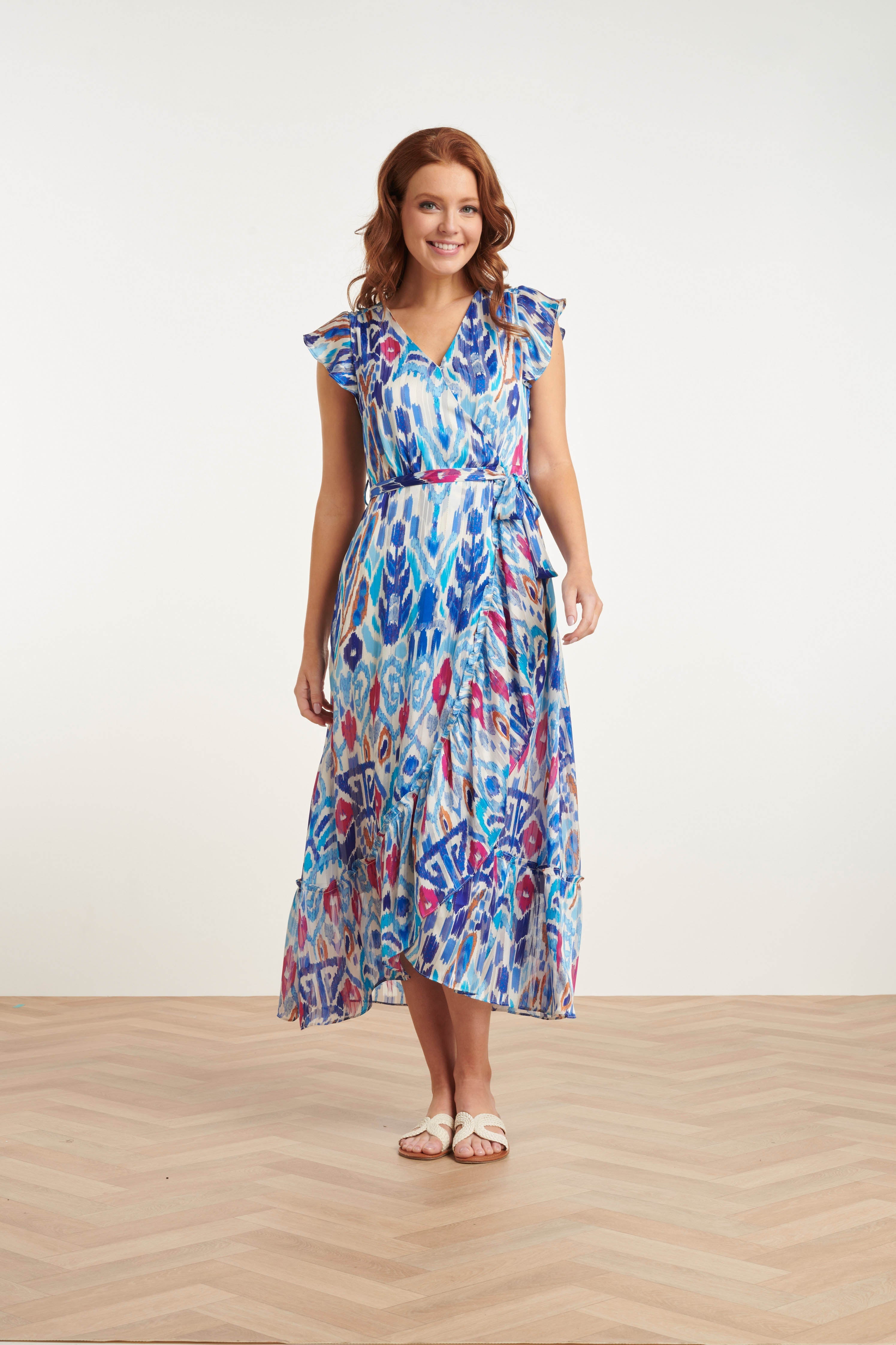 24407 Chiffon Zomerjurk Met Azteekse Printruches | White-Cobalt Blue