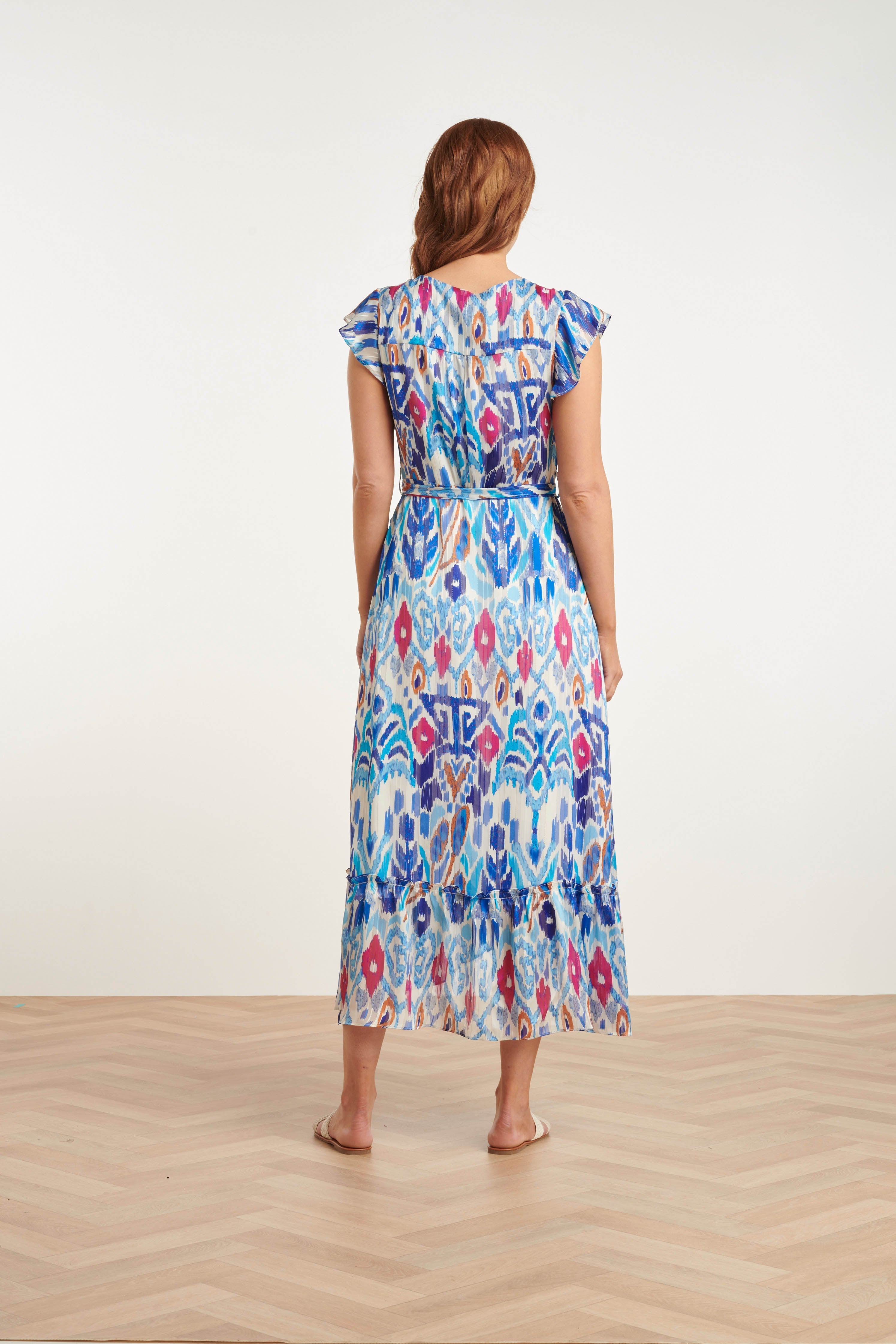 24407 Chiffon Zomerjurk Met Azteekse Printruches | White-Cobalt Blue