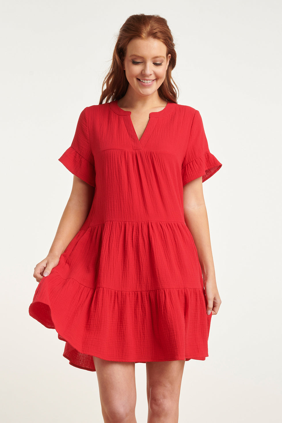 24418 Fel Kort Zomerjurkje Met Ruches | Red