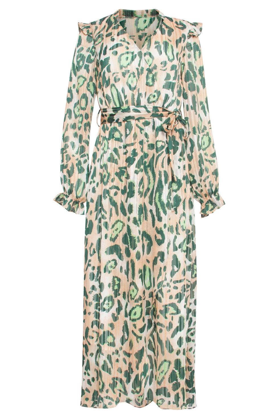 24501 Chiffon Maxi Jurk Met Cheetah Print | Sand-Green