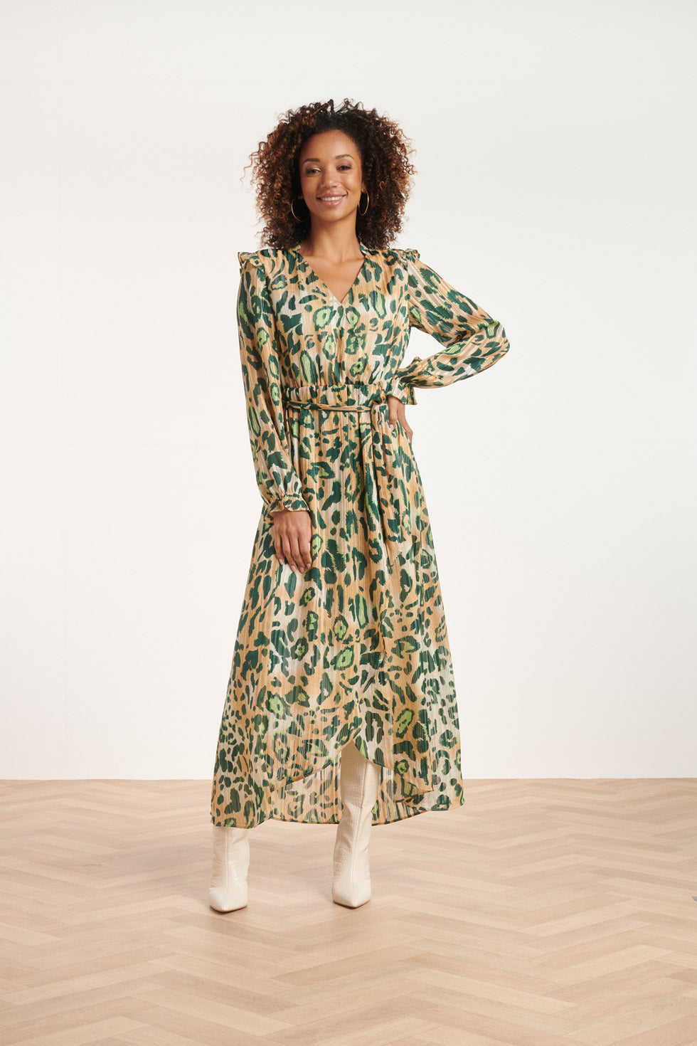 24501 Chiffon Maxi Jurk Met Cheetah Print | Sand-Green