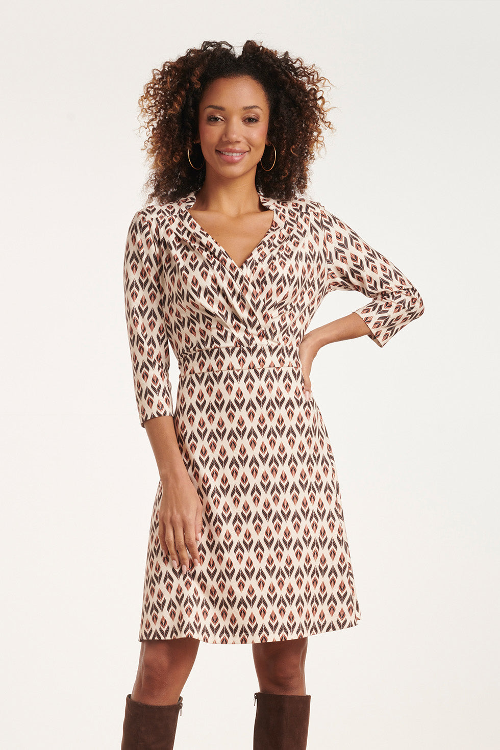 24510 Blad Bedrukte Korte Jurk | Sand - Brown