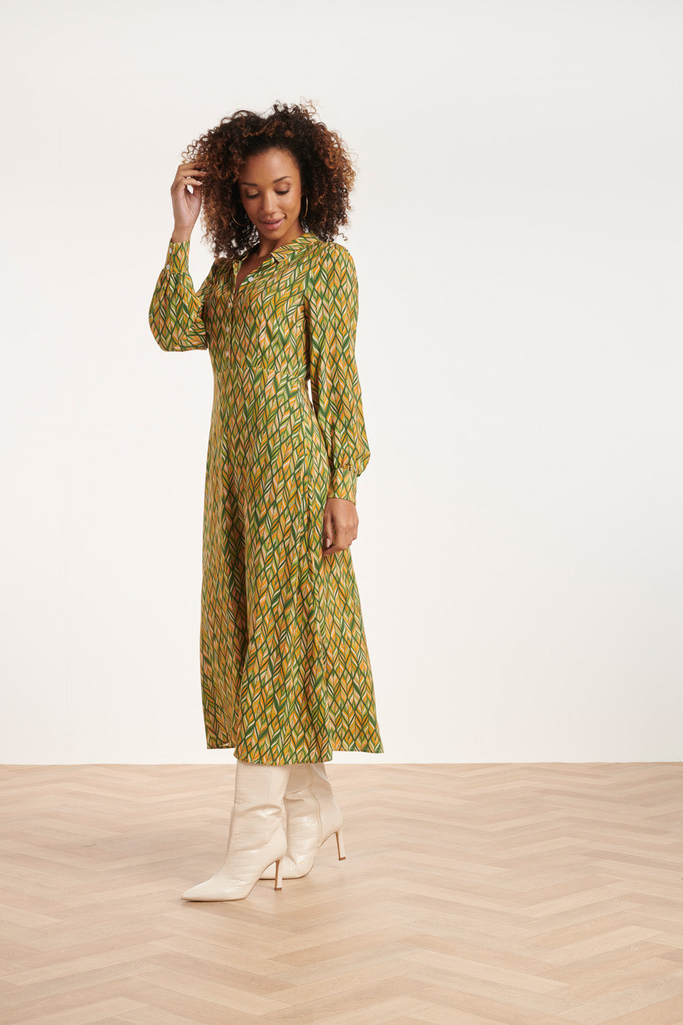 24520 Gedrukte Midi Overhemdjurk | Green-Multicolour