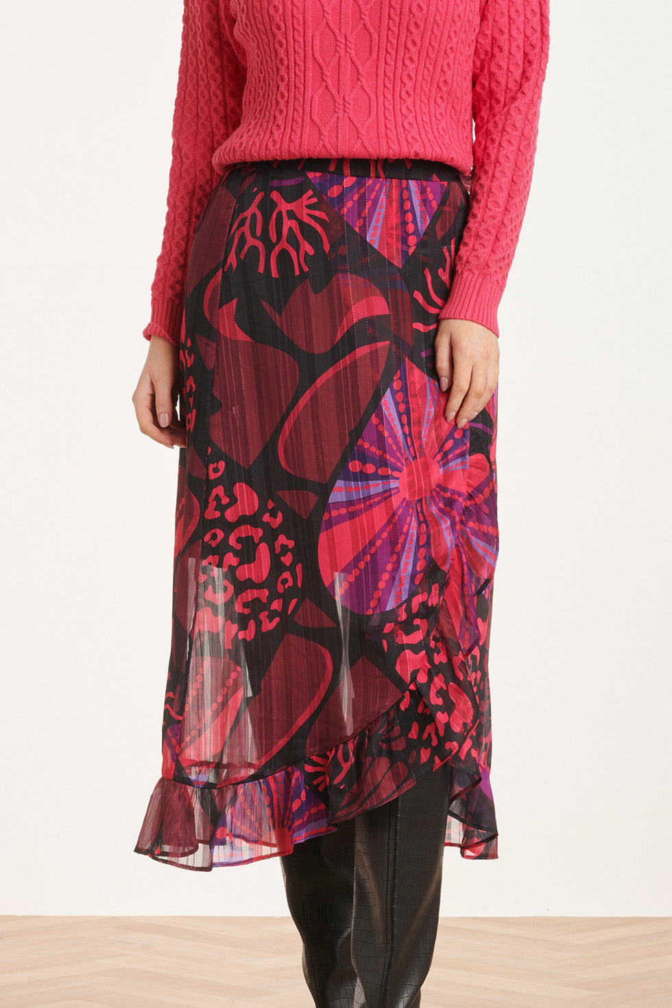 24524 FuchsiaPaarse Hartjesprint Midi Rok | Black - Muticolour