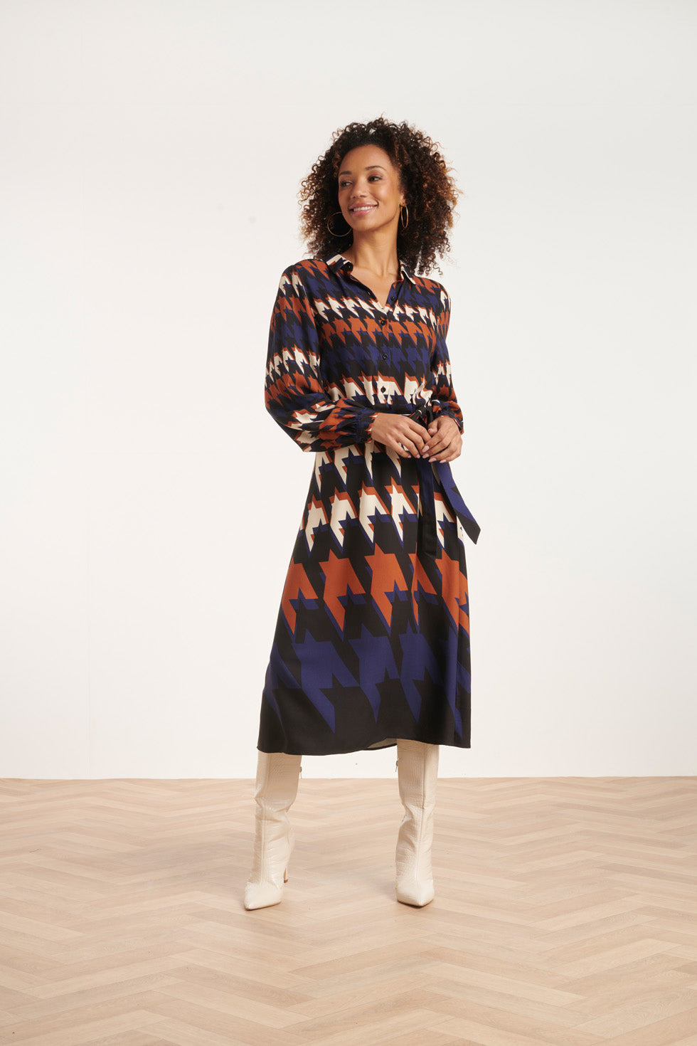 24526 Houndstooth Print Midi Jurk | Black - Muticolour