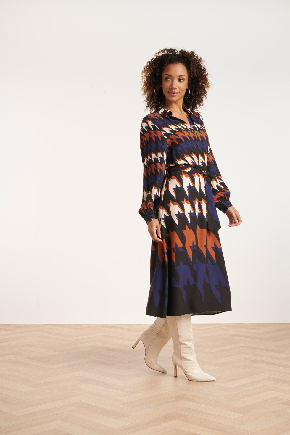 24526 Houndstooth Print Midi Jurk | Black - Muticolour