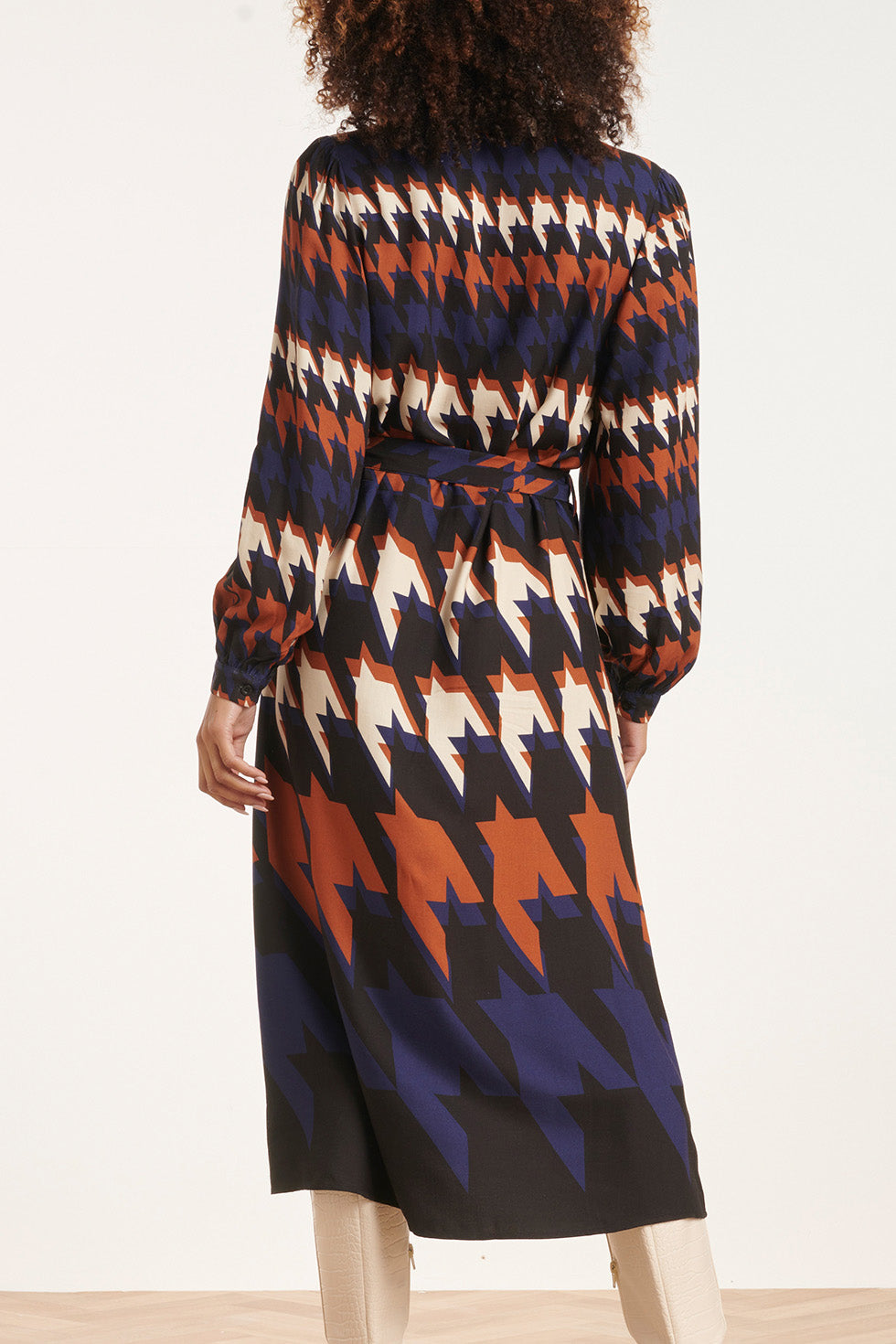 24526 Houndstooth Print Midi Jurk | Black - Muticolour