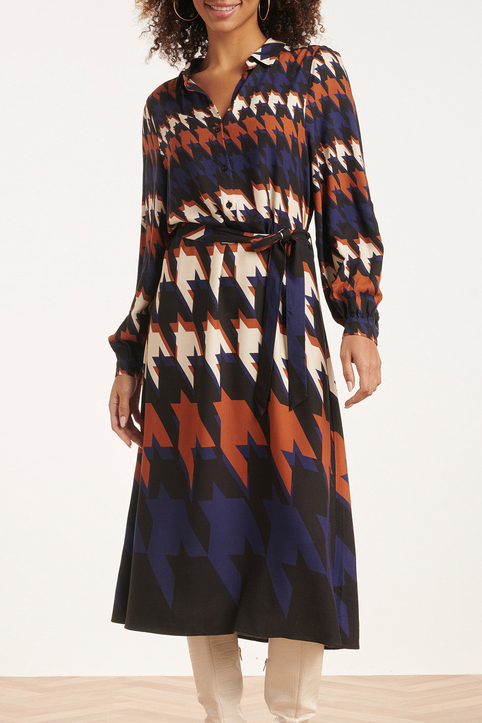 24526 Houndstooth Print Midi Jurk | Black - Muticolour