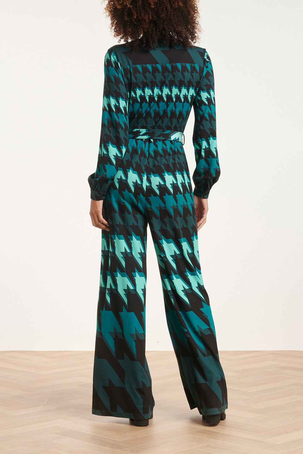 24527 Houndstooth Print Jumpsuit | Black-Petrol