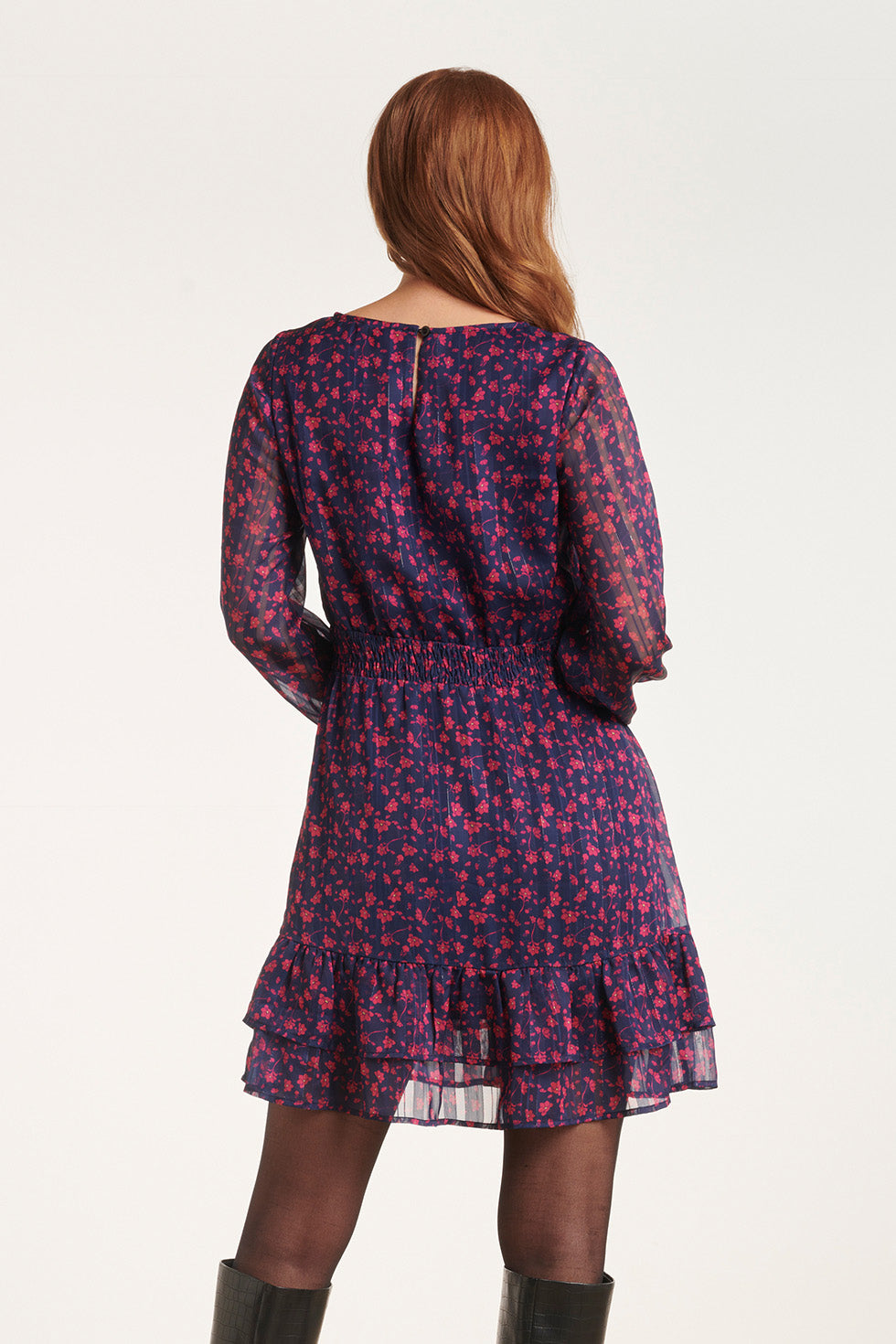 24540 Korte Jurk Met Fuchsia Bloemenprint | Navy-Fuchsia