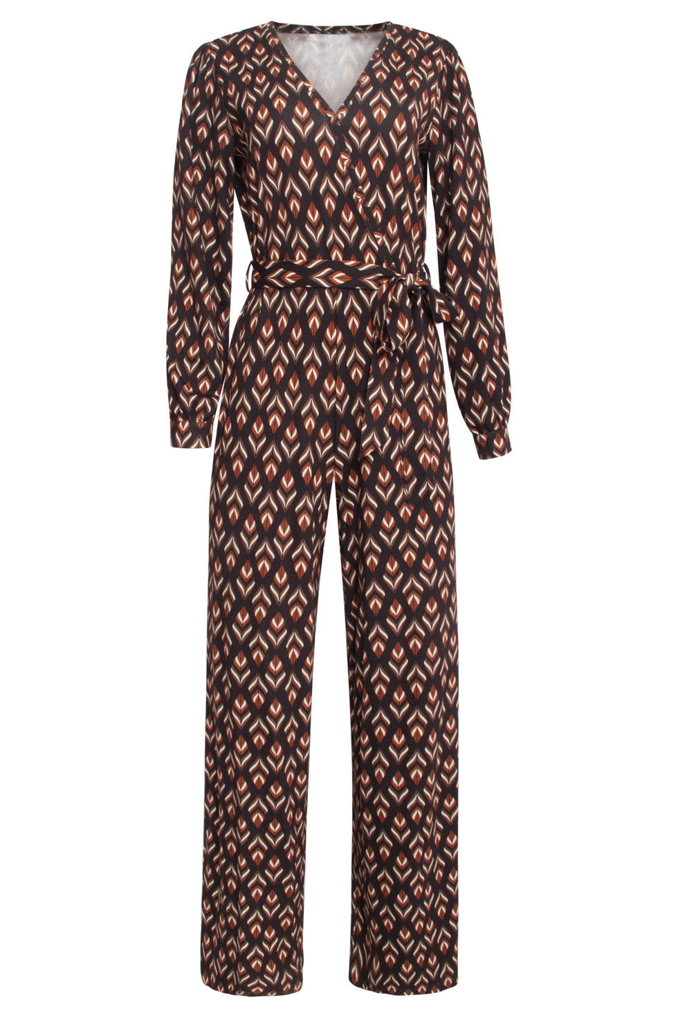 24547 E Stretchy Jumpsuit Met Bladerprint | Black - Brown
