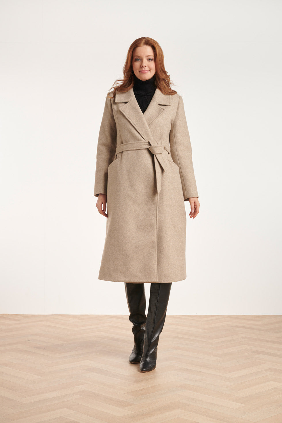 24552 Lange Beige Jas Met Grote Revers | Sand