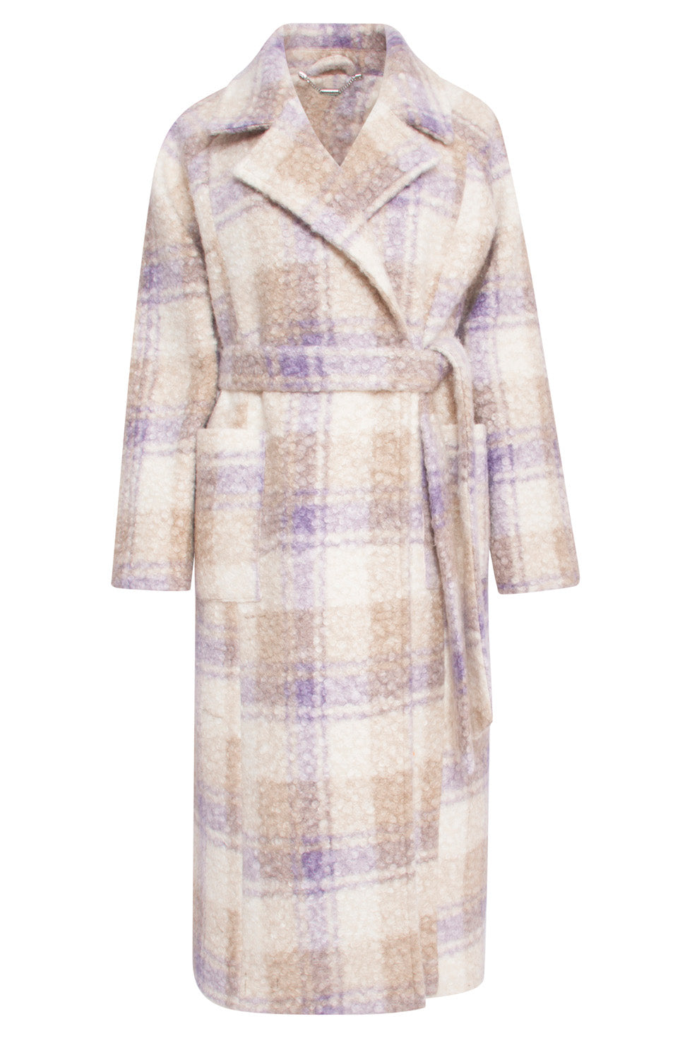 24556 Lange Lila Geruite Jas Met Grote Revers | Sand - Lilac
