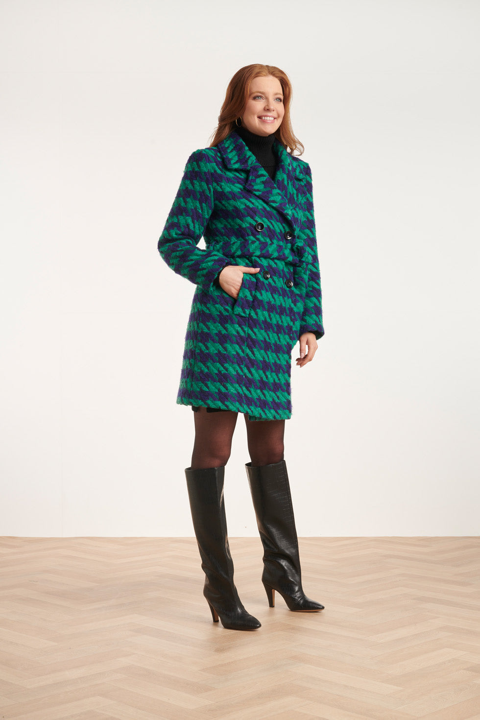 24560 Lange Pied-De-Poule Jas | Green-Cobalt