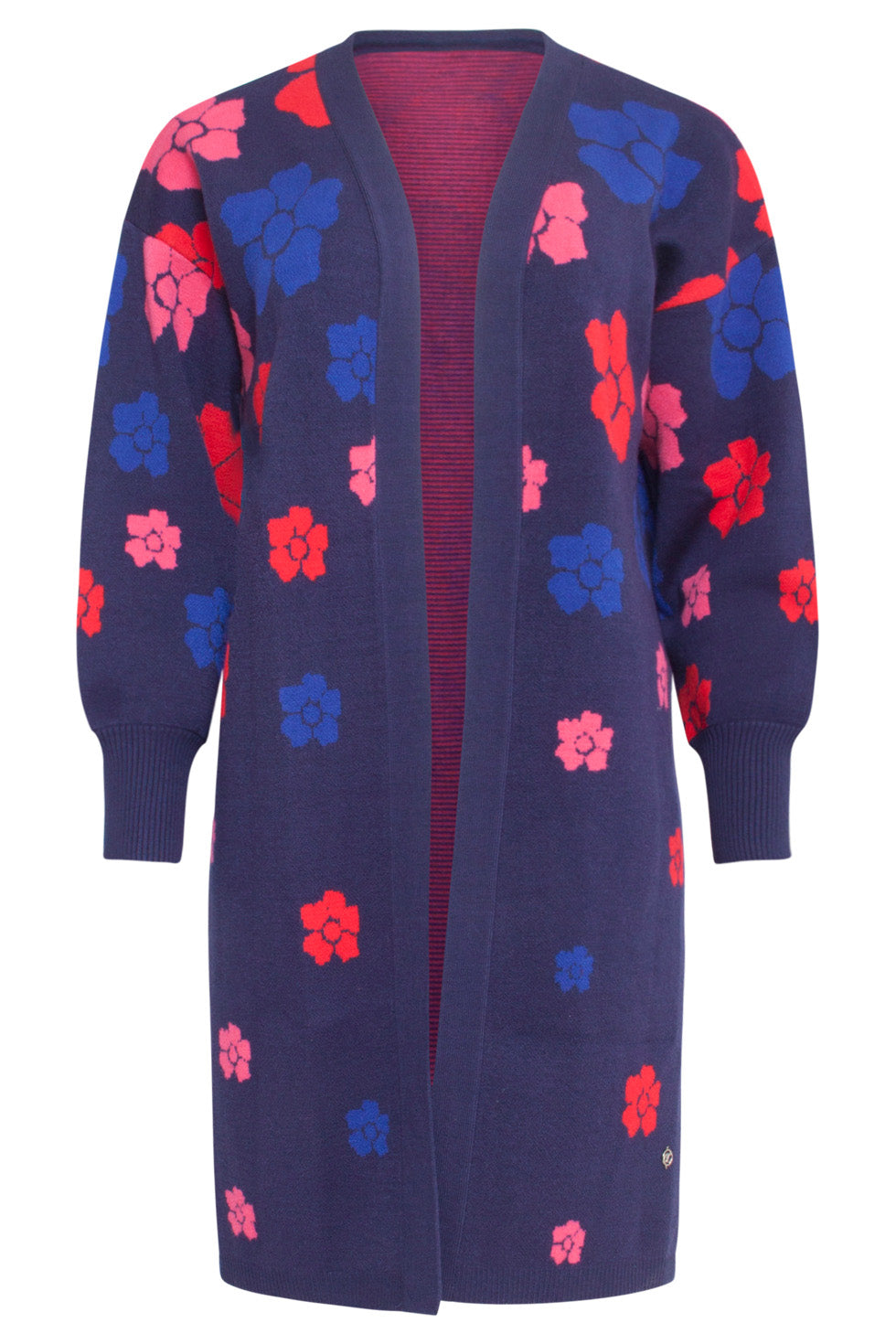 24600 Gebreide Lange Cardigan Met Bloemenprint | Navy - Muticolour