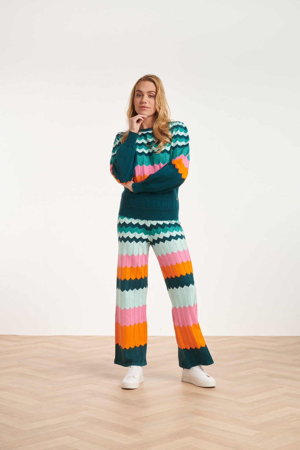 24608 rijke Zig-Zag Gebreide Broek | Petrol - Muticolour