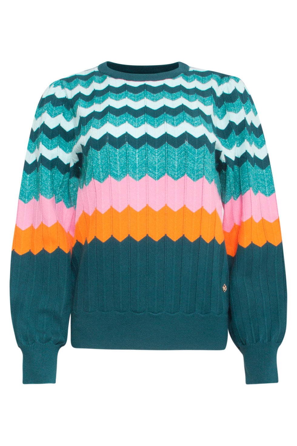 24609 Rijke Zig-Zag Gebreide Top | Petrol - Muticolour
