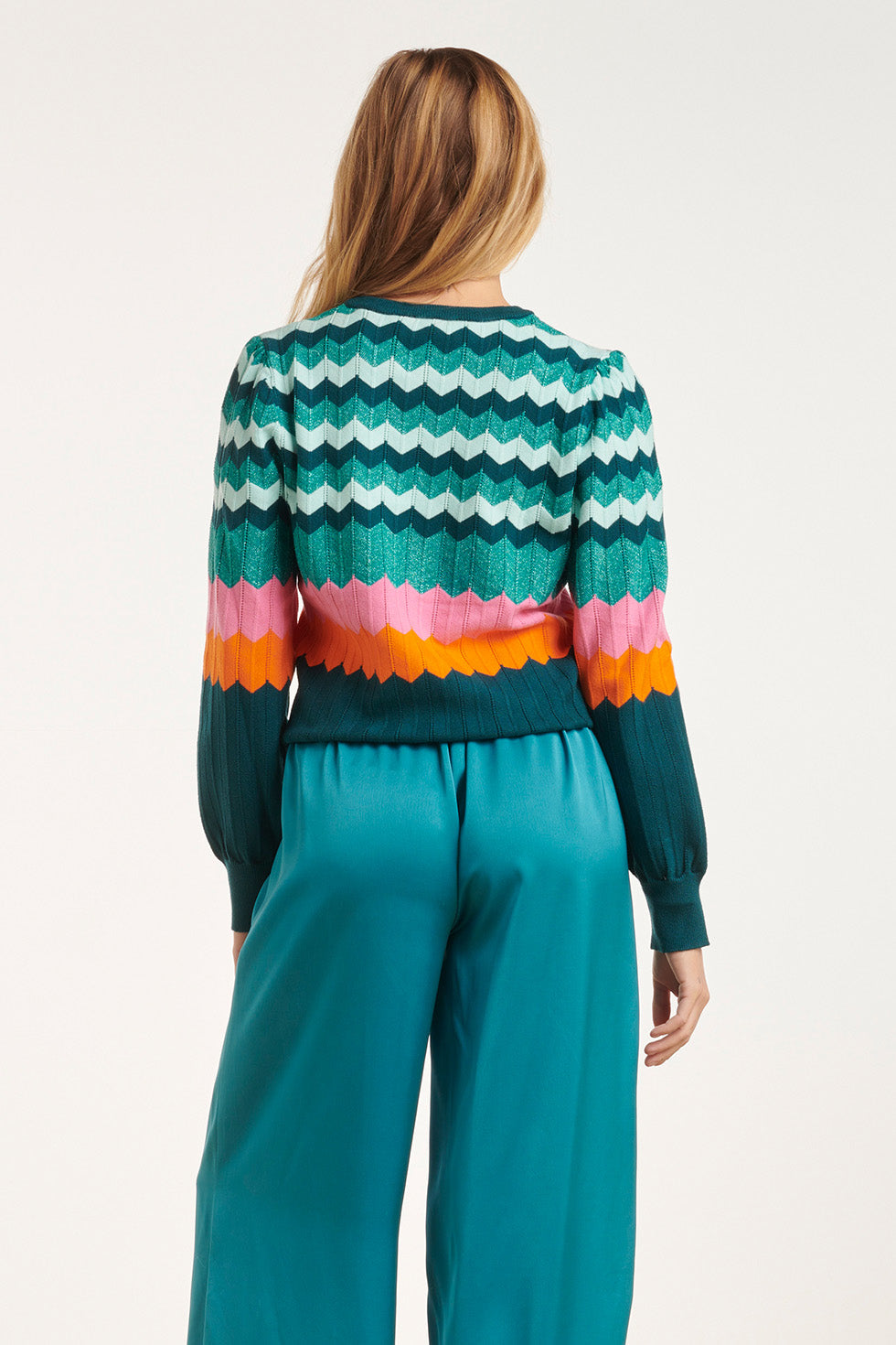 24609 Rijke Zig-Zag Gebreide Top | Petrol - Muticolour