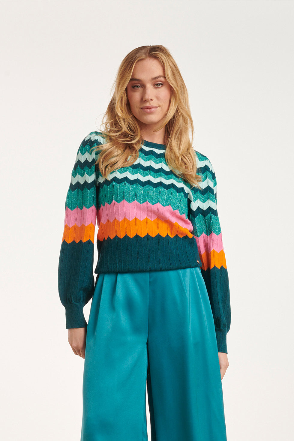 24609 Rijke Zig-Zag Gebreide Top | Petrol - Muticolour