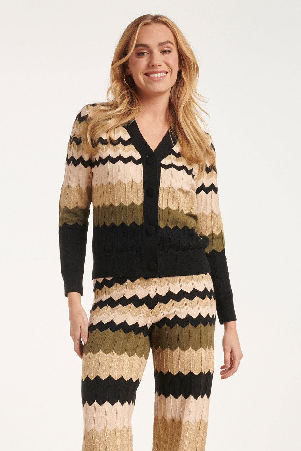 24611 Neutrale Zig-Zag Gebreide Cardigan | Sand - Muticolour