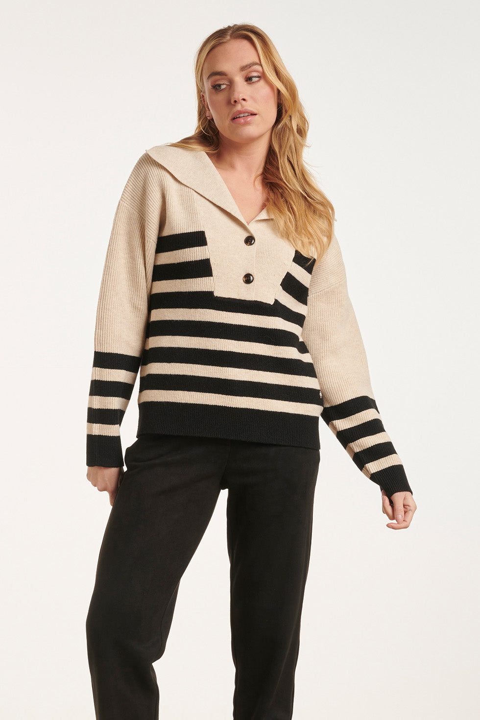 24620 Moderne Gestreepte Gebreide Trui | Sand - Black
