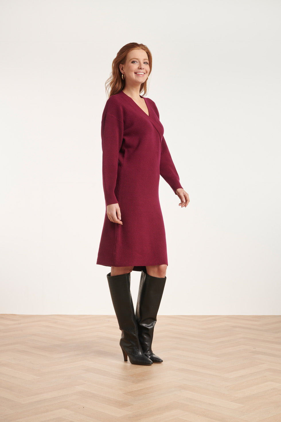 24625 Cerise Gebreide Overlapjurk | Cerise