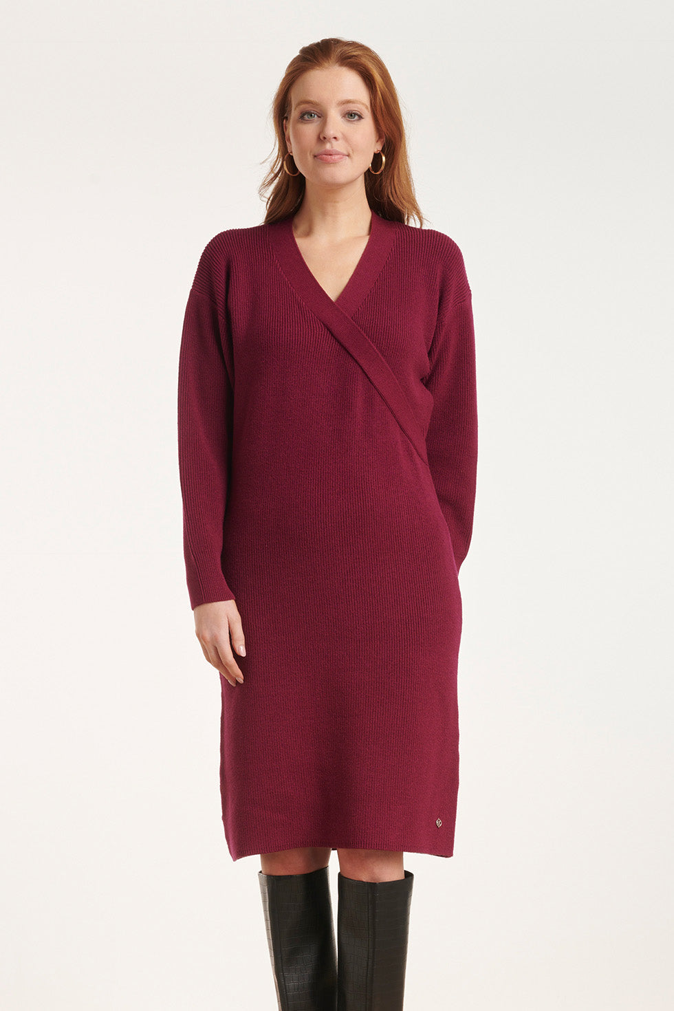24625 Cerise Gebreide Overlapjurk | Cerise