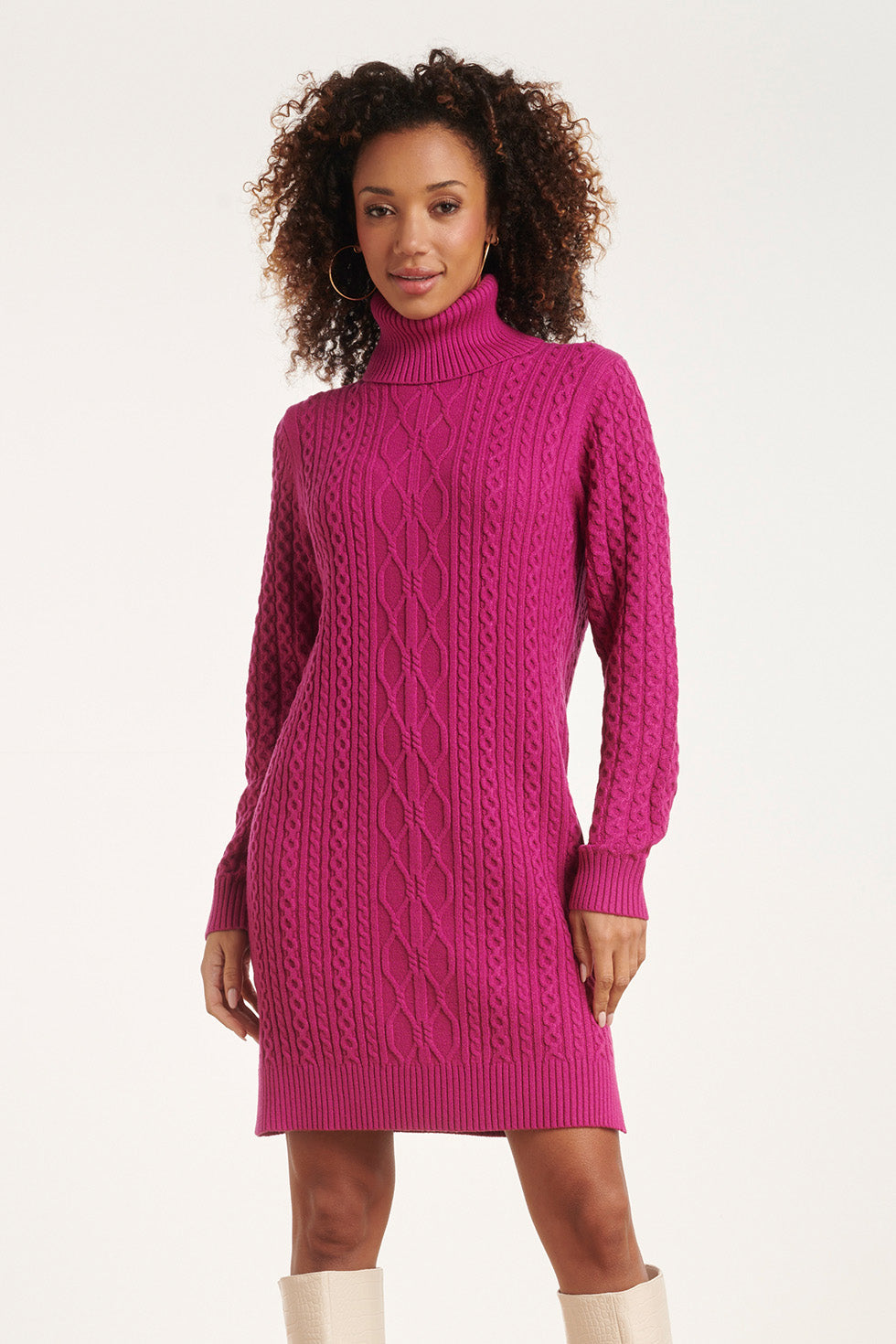 24629 Cerise Gebreid Jurk Met Kabelstructuur | Cerise