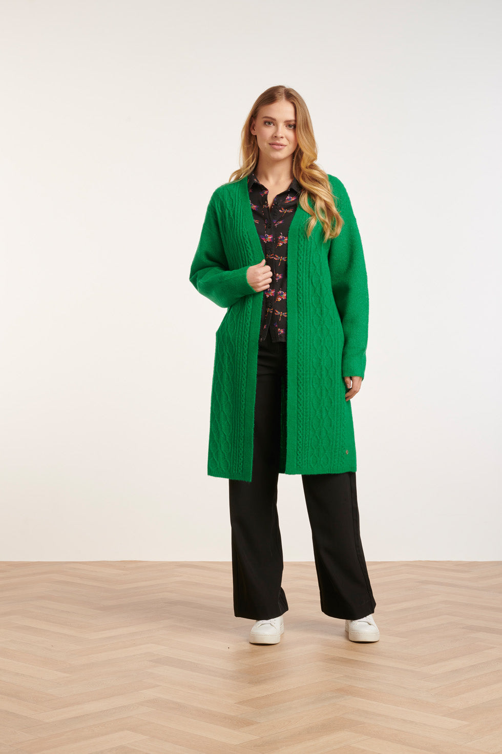 24630 Oversized Open Cardigan Met Vlechtstructuur | Green