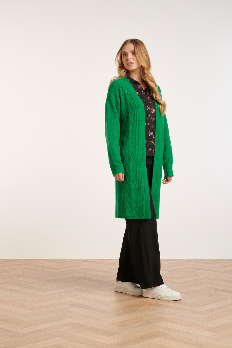 24630 Oversized Open Cardigan Met Vlechtstructuur | Green